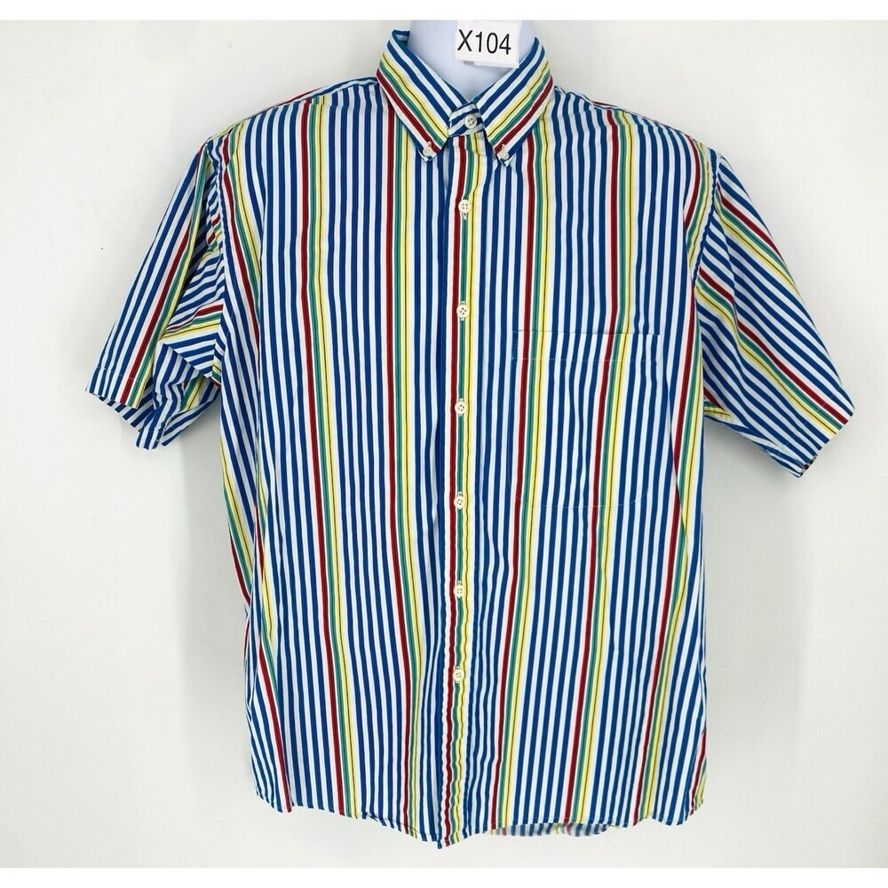 Vintage 90’s Y2K Sears Men’s Button Up Short Sleeve Multicolor Stripe Shirt LG